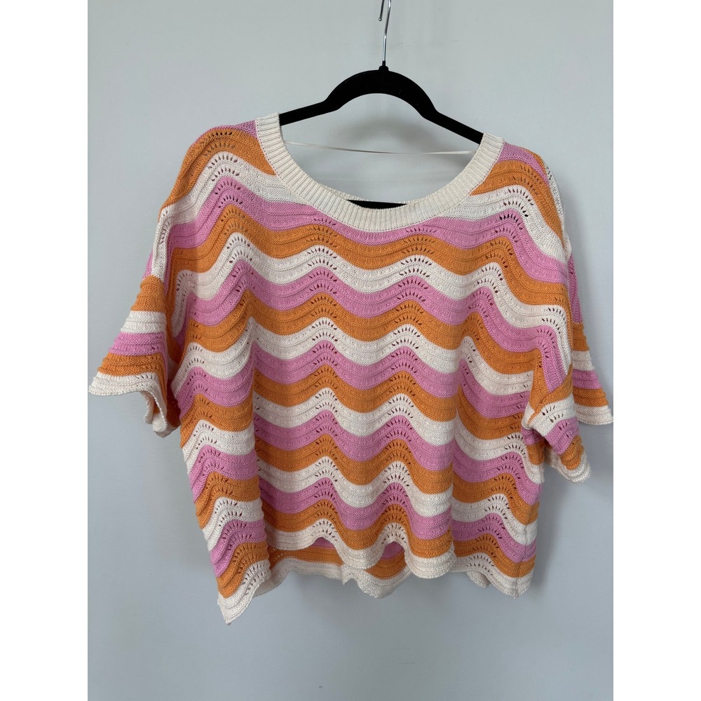 L*Space Wavy Stripe Pointelle Knit Cotton Sweater Orange Pink Small